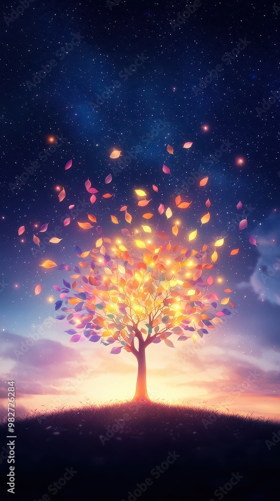 A magical tree illuminated at night with glowing leaves under a starry sky, creating a serene and enchanting atmosphere. A magical tree illuminated at night with glowing leaves under a starry sky, creating a serene and enchanting atmosphere.