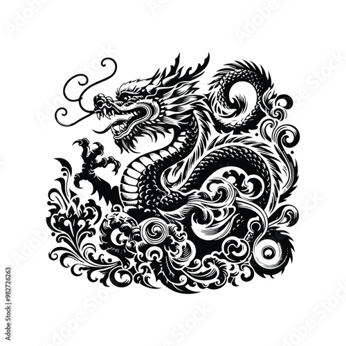 asian dragon with victorian flourish, in black and white illustrations, cutout graphic