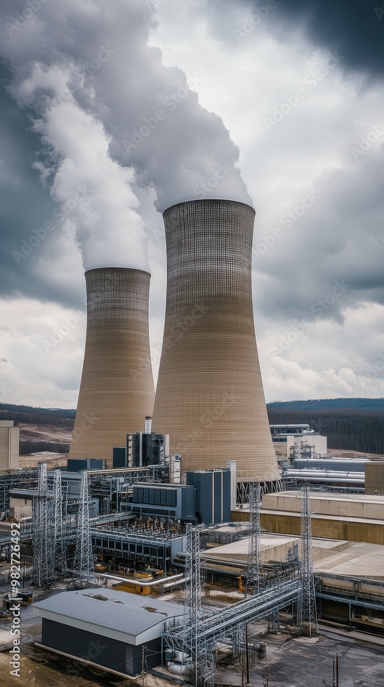 Obraz premium Large Industrial Power Station with Smokestacks, Cooling Towers, and High-Voltage Grids 