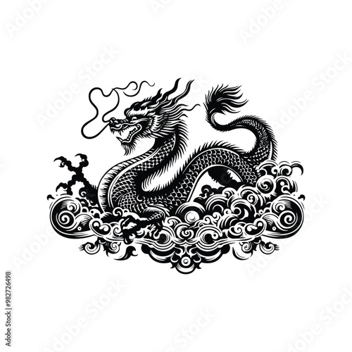 asian dragon with victorian flourish decoration in black and white illustrations, cutout graphic