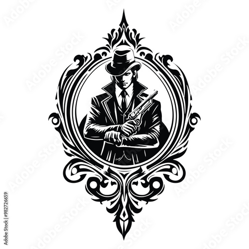 assasin male with victorian flourish decoration in black and white illustrations, cutout graphic