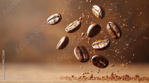 cascading coffee beans floating mid-air in motion capturing the essence of fresh roasted beans ready to create a flavorful brew photo