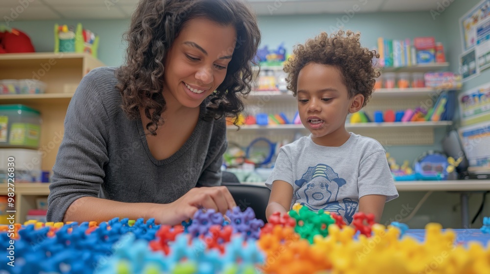 A teacher and child play with colorful toys together at a table in a classroom, happily interacting. A teacher and child play with colorful toys together at a table in a classroom, happily interacting.