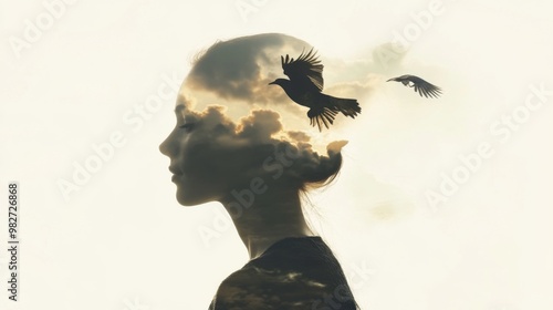 double exposure image of a woman's silhouette filled with a bird flying in the sky photo