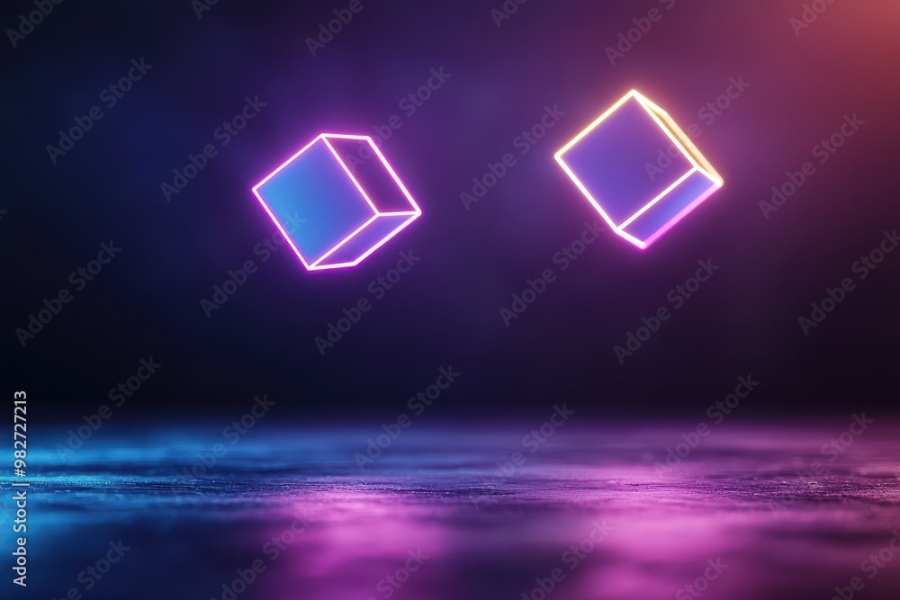 Abstract neon cubes floating in dark background with vibrant lighting effects for modern and futuristic designs. Abstract neon cubes floating in dark background with vibrant lighting effects for modern and futuristic designs.