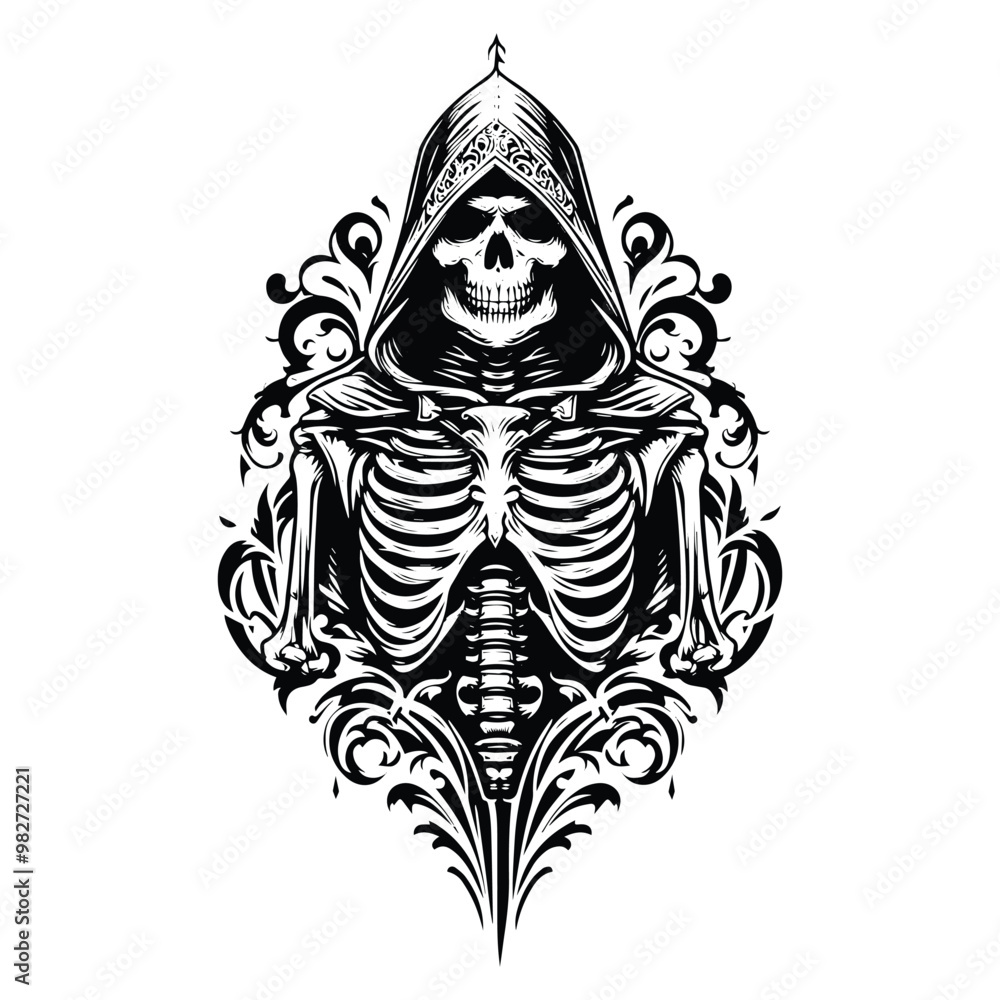 Fototapeta premium assasin skeleton with victorian flourish decoration in black and white illustrations, cutout graphic