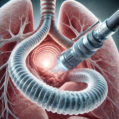 3D Model human trachea anatomy: process of bronchoscopy, where a flexible camera is inserted into the trachea to examine the airway. tracheal walls, mucus, any potential blockages or abnormalities. photo