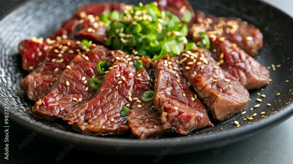 Delicious grilled beef slices topped with sesame seeds and green onions served on a black plate Delicious grilled beef slices topped with sesame seeds and green onions served on a black plate