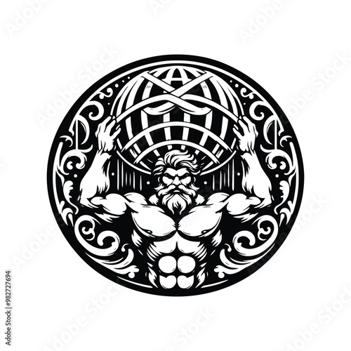 atlas greek god with victorian flourish in black and white illustrations, cutout graphic black and white illustration