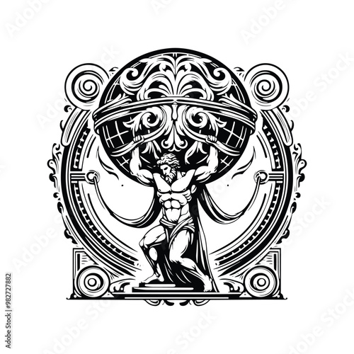 atlas greek god with victorian flourish decoration in black and white illustrations, cutout graphic black and white illustration