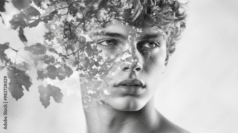 Fototapeta premium Double exposure of a young bare-chested manâ€™s portrait blended with tree branches and leaves, showing the perfect beauty of nature's creation, black and white