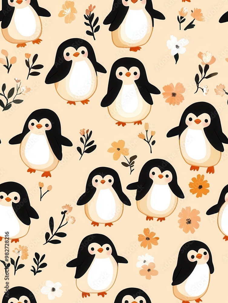 Cute penguin pattern with flowers on a beige background, perfect for kids' decorations, clothing, and stationery. Cute penguin pattern with flowers on a beige background, perfect for kids' decorations, clothing, and stationery.