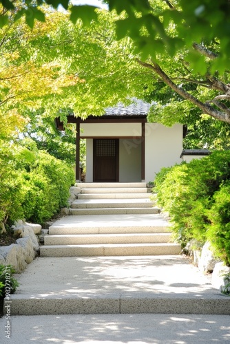 Serene pathway leading to a tranquil garden house surrounded by vibrant greenery