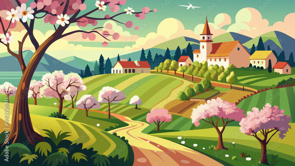 Naklejka premium Countryside crowds with trees in bloom in spring