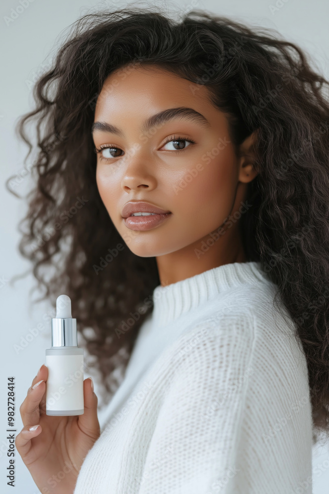 A woman holding a skincare serum bottle, showcasing natural beauty and glowing skin. Mockup A woman holding a skincare serum bottle, showcasing natural beauty and glowing skin. Mockup