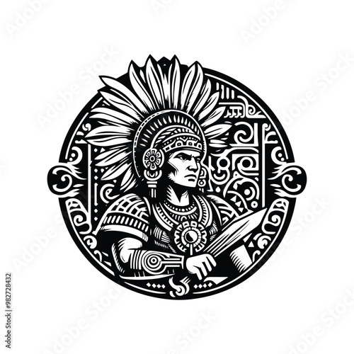 aztec warior male with victorian flourish decoration in black and white illustrations, cutout graphic