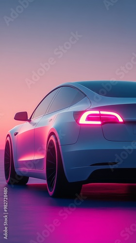 White Electric Car at Sunset.