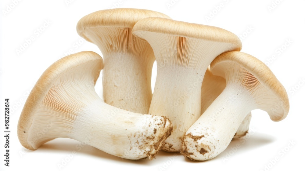 A close-up of fresh King oyster mushrooms on a clean white background, showcasing their thick stems and smooth caps. A close-up of fresh King oyster mushrooms on a clean white background, showcasing their thick stems and smooth caps.