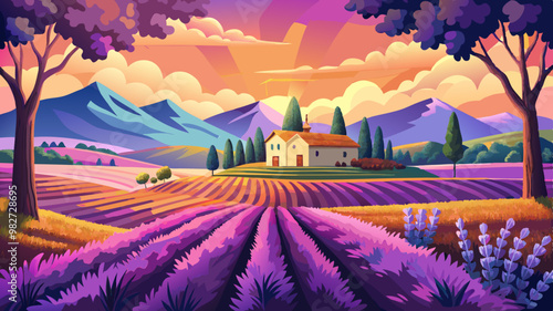 Summer sunset landscape on the lavender field
