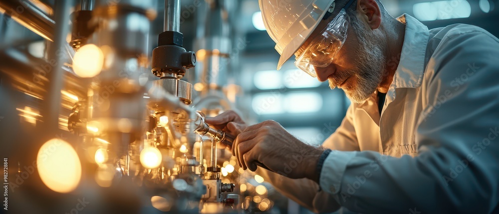 Engineer working on machinery in an industrial setting, focused and wearing safety gear. Bright lights illuminate the workspace. Engineer working on machinery in an industrial setting, focused and wearing safety gear. Bright lights illuminate the workspace.