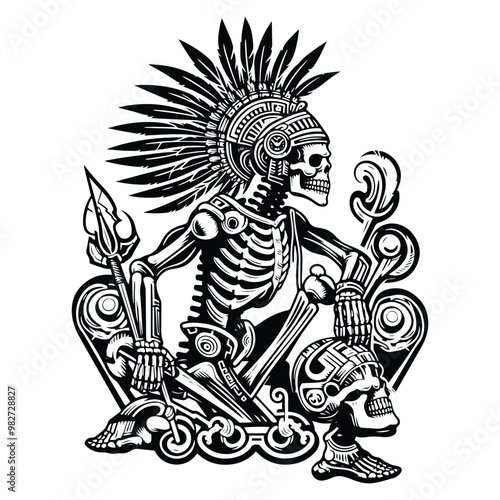 aztec warior skeleton with victorian flourish decoration in black and white illustrations, cutout graphic m photo