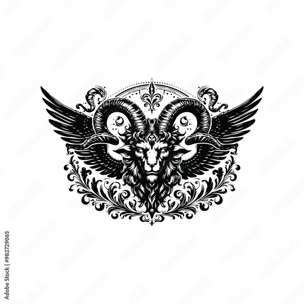 baphomet with victorian flourish decoration in black and white illustrations, cutout graphic baphomet with victorian flourish decoration in black and white illustrations, cutout graphic