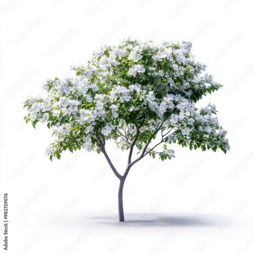 Obraz premium Isolated blooming tree with white flowers, perfect for nature and botanical themes, standing alone on a white background.