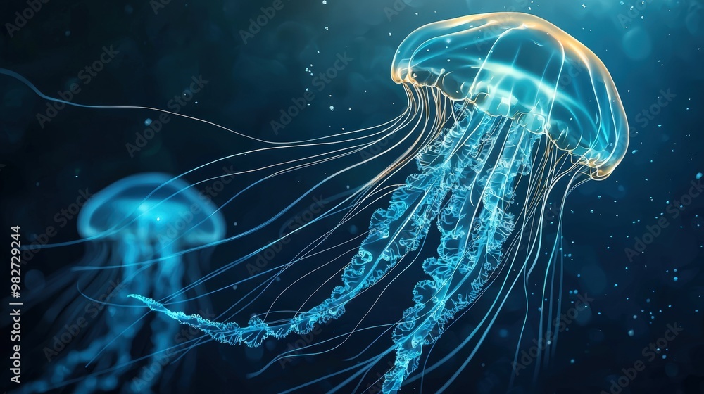 Graceful jellyfish glowing softly in deep ocean waters during twilight hours Graceful jellyfish glowing softly in deep ocean waters during twilight hours