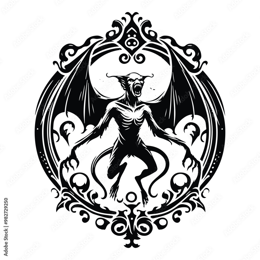 Fototapeta premium Banshee creature with victorian flourish decoration in black and white illustrations, cutout graphic