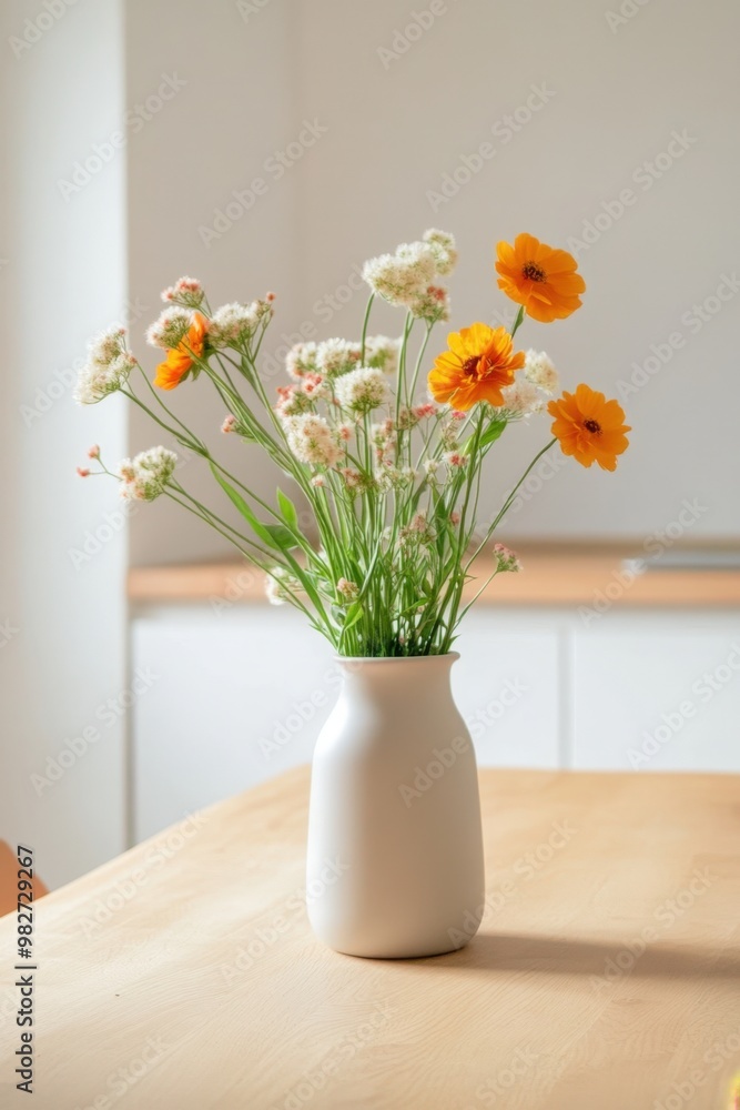 Brightly colored flowers in a simple vase on a wooden table in a cozy interior setting Brightly colored flowers in a simple vase on a wooden table in a cozy interior setting