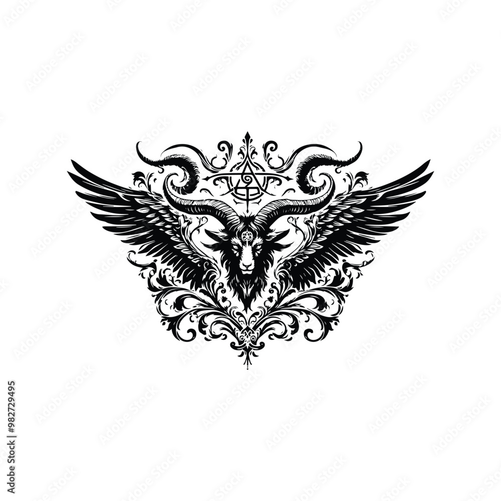 baphomet with victorian flourish, in black and white illustrations, cutout graphic baphomet with victorian flourish, in black and white illustrations, cutout graphic