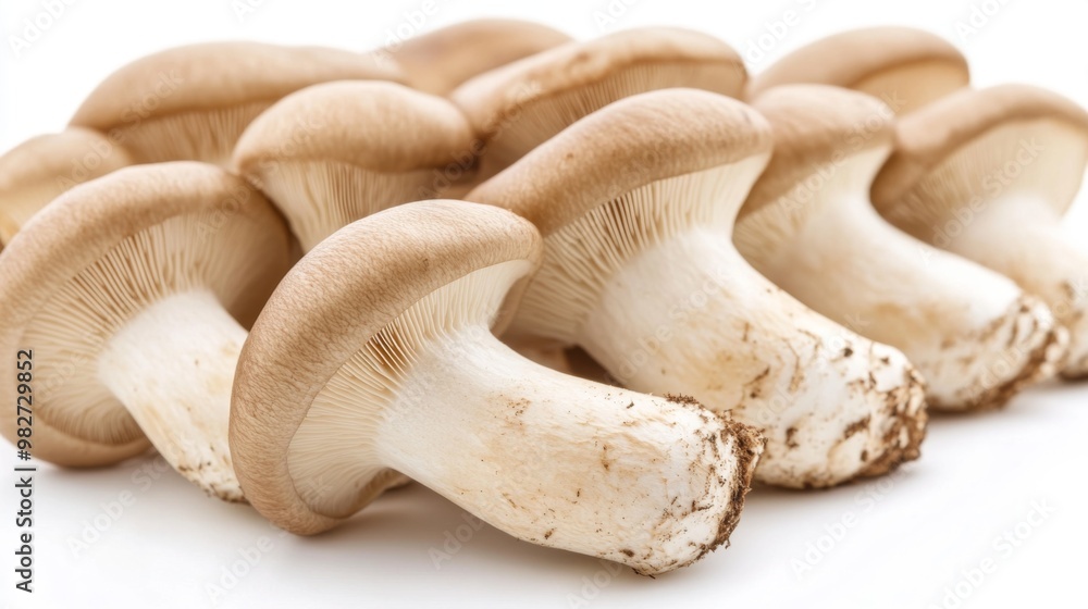 A close-up of King oyster mushrooms placed on a clean white background, focusing on their thick, meaty stems and contrasting smooth caps. A close-up of King oyster mushrooms placed on a clean white background, focusing on their thick, meaty stems and contrasting smooth caps.