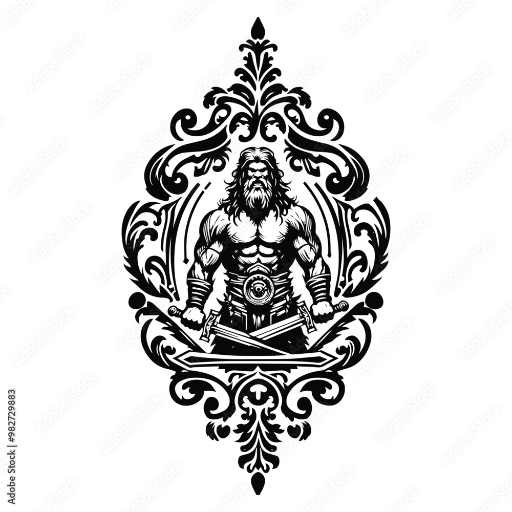 Obraz premium barbarian warrior with victorian flourish decoration in black and white illustrations, cutout graphic