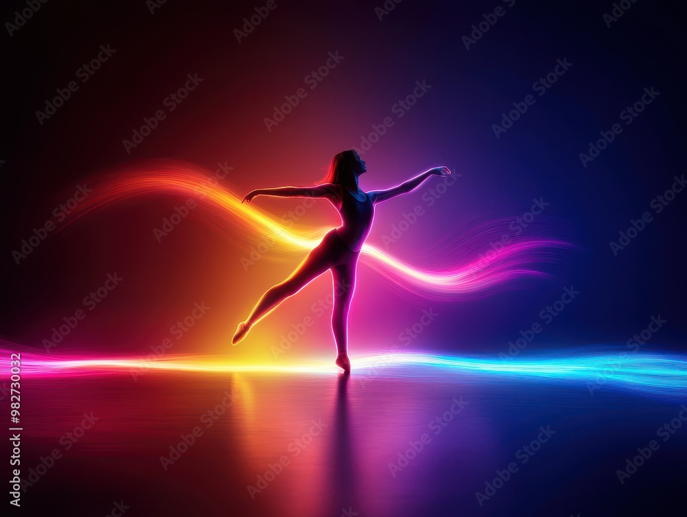 Silhouette of a dancer with vibrant neon light trails, symbolizing grace and movement in a dark background. Silhouette of a dancer with vibrant neon light trails, symbolizing grace and movement in a dark background.