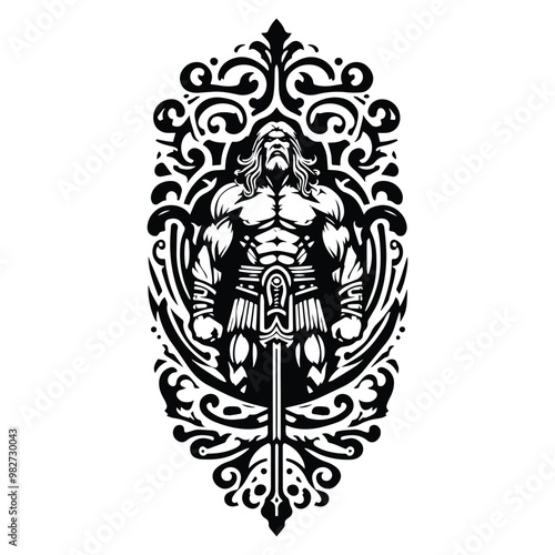 barbarian warrior with victorian flourish decoration in black and white illustrations, cutout graphic