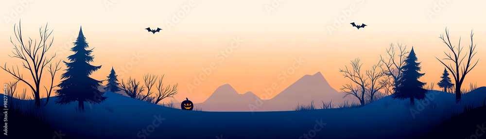 Fototapeta premium Scenic sunset view with mountains, trees, and a calm lake under a clear sky.