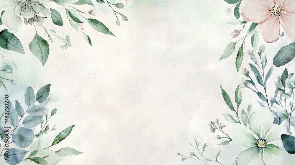 A watercolor botanical frame with soft green foliage and pastel flowers painted around the borders, giving the wedding invitation a natural and serene feel. A watercolor botanical frame with soft green foliage and pastel flowers painted around the borders, giving the wedding invitation a natural and serene feel.