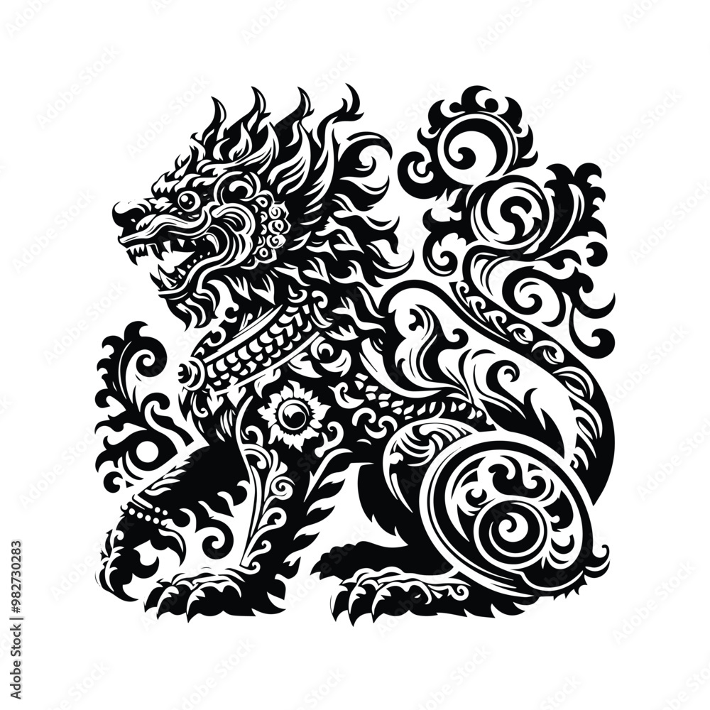Barong with victorian flourish decoration in black and white illustrations, cutout graphic Barong with victorian flourish decoration in black and white illustrations, cutout graphic