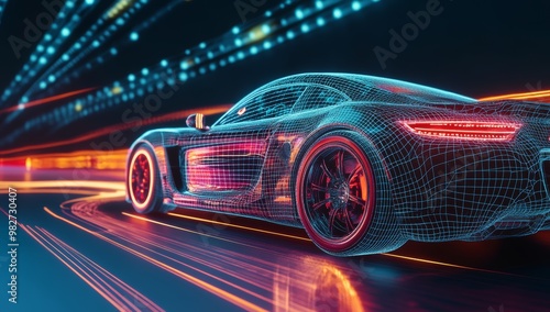 A futuristic car in motion, neon lights and speed lines, concept of high-speed technology. 