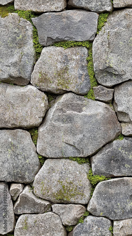 Ancient stone wall covered in vibrant green moss in a serene outdoor setting Ancient stone wall covered in vibrant green moss in a serene outdoor setting