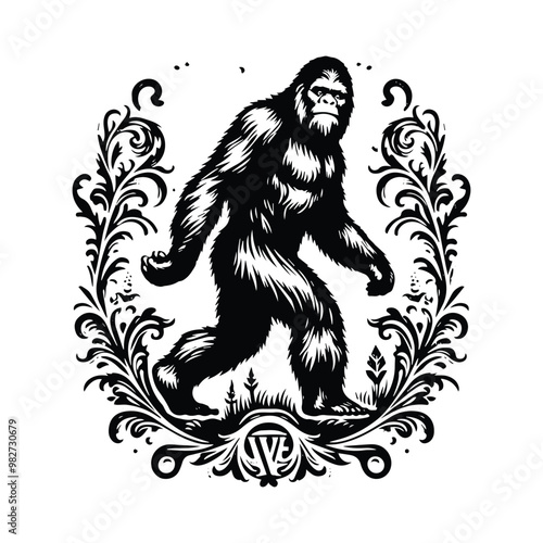 Bigfoot with victorian flourish decoration in black and white illustrations, cutout graphic