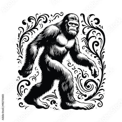 Bigfoot with victorian flourish decoration in black and white illustrations, cutout graphic