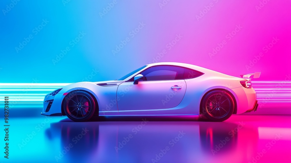 White Sports Car in Neon Lights. White Sports Car in Neon Lights.