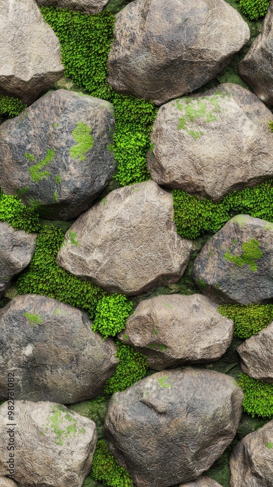 A serene blend of nature and stone with green moss nestled between rugged rocks A serene blend of nature and stone with green moss nestled between rugged rocks