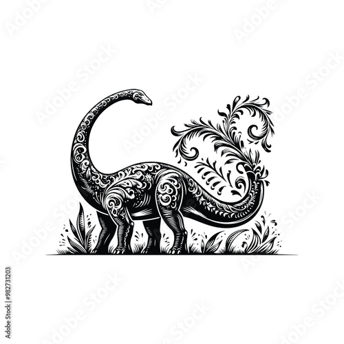 Brachiosaurus with victorian flourish decoration in black and white illustrations, cutout graphic