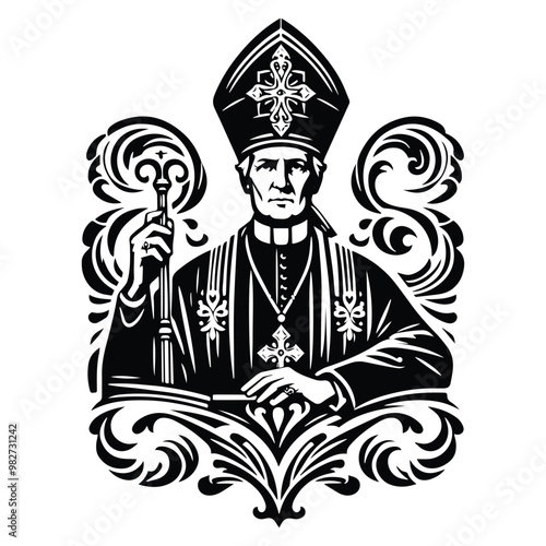 bishop with victorian flourish decoration in black and white illustrations, cutout graphic