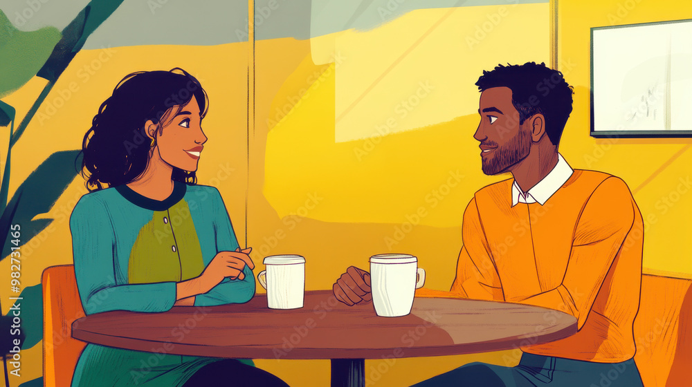 A cheerful illustration of two people engaging in a lively conversation over coffee, surrounded by warm colors and a cozy atmosphere. A cheerful illustration of two people engaging in a lively conversation over coffee, surrounded by warm colors and a cozy atmosphere.