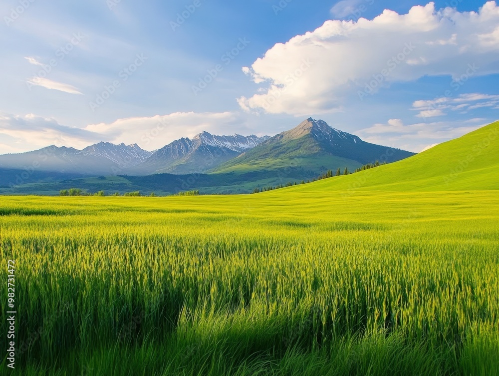 Fototapeta premium Lush green fields beneath a vibrant sky with majestic snow-capped mountains at dusk