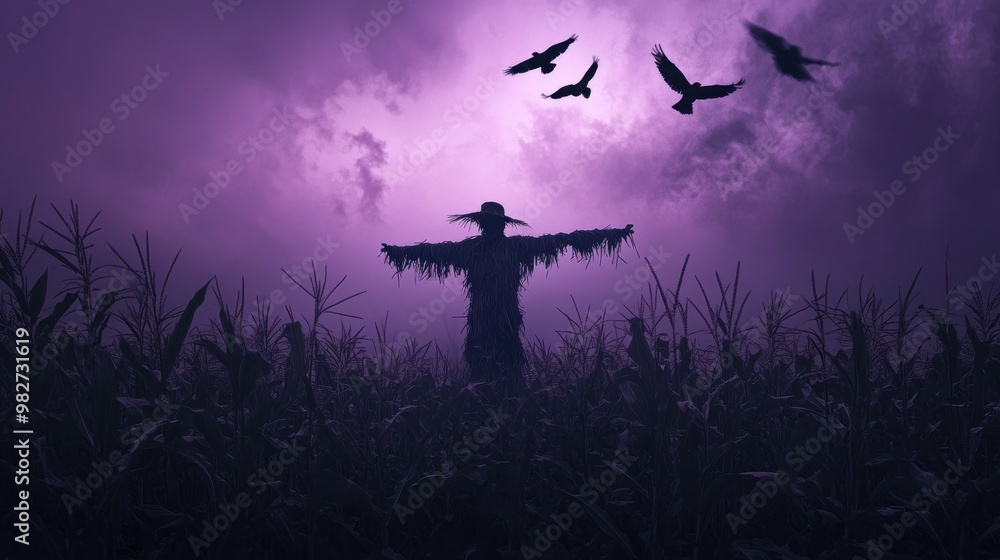 An eerie scarecrow standing alone in a dark cornfield at twilight, with crows circling ominously above and the sky turning purple, creating a chilling atmosphere. An eerie scarecrow standing alone in a dark cornfield at twilight, with crows circling ominously above and the sky turning purple, creating a chilling atmosphere.