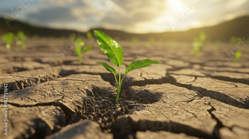 A resilient plant rises from cracked soil beneath a sunset in a drought-stricken field